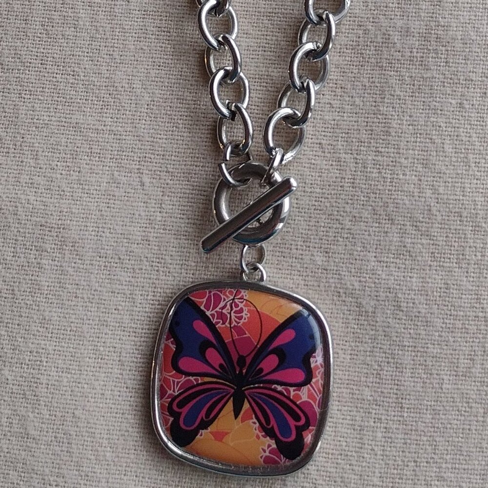 Reversible Pink & Purple Butterfly Pendant with Chain